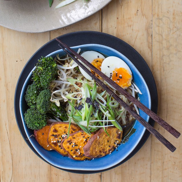 Roasted Kumara Miso Ramen with Karengo and Sesame Broccolini