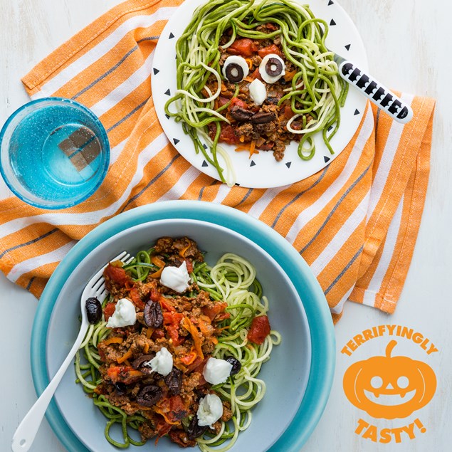 Halloween Beef Bolognese with Witches Hair & Eyeballs