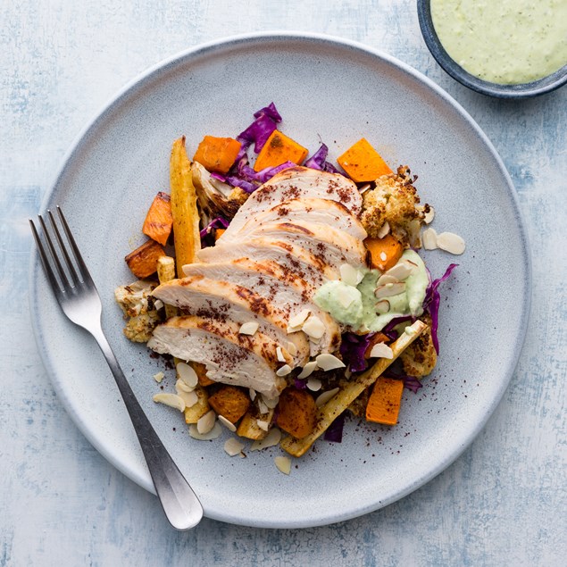 Sumac Chicken with Moroccan Bulgur and Green Hummus