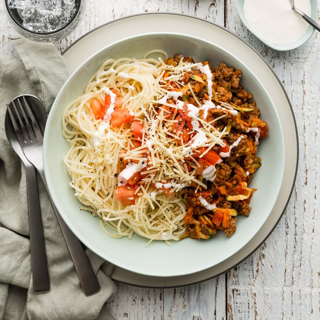 Beef Spaghetti Bolognese with Garlic Cream & Parmesan