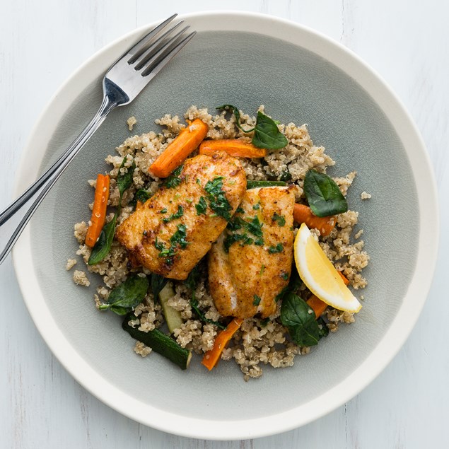 Herb Butter Fish with Roasted Veggie Quinoa