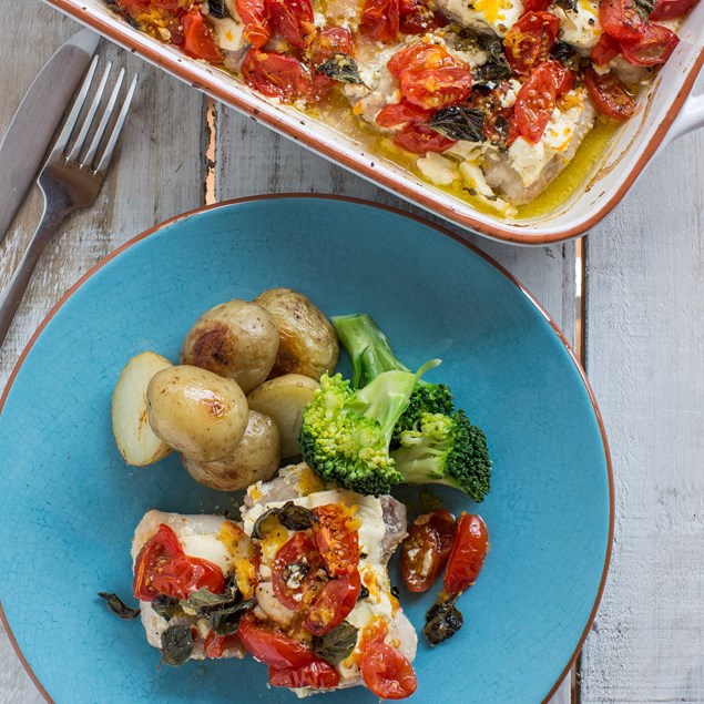 Baked Chicken with Feta, Cherry Tomatoes and Crispy Roast Potatoes