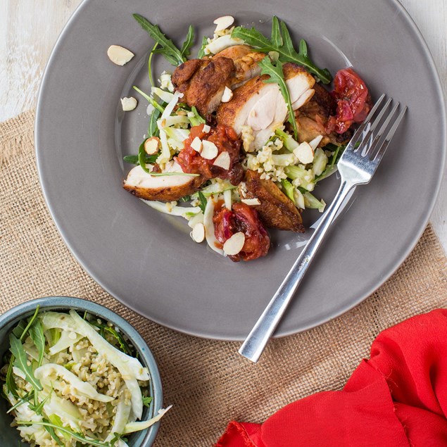 Berbere-Spiced Chicken Thighs with Freekeh Fennel Salad and Smoked Tomato Relish