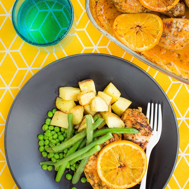 Citrus Roast Chicken, Roasted Potatoes, Green Beans and Peas