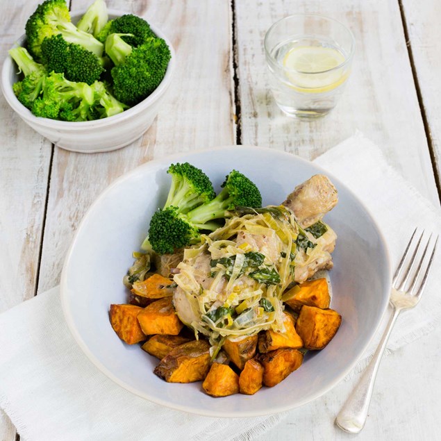 Chicken Drums with Creamy Leeks, Silverbeet and Kumara Roasties