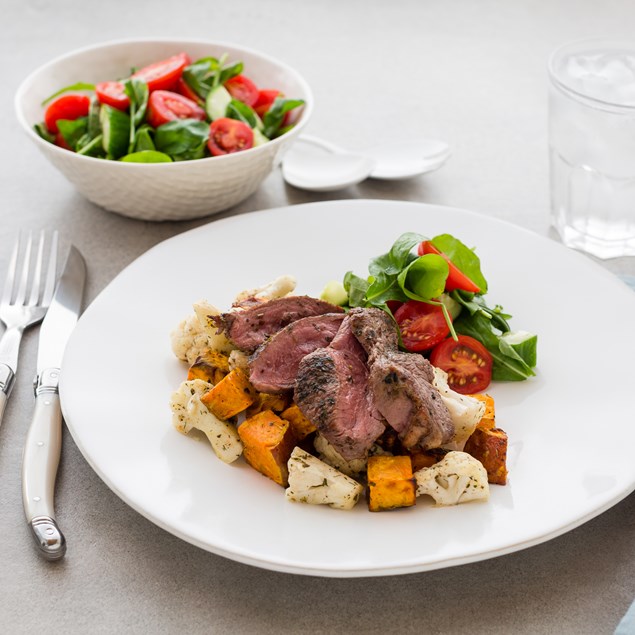 Greek Lamb with Marinated Cauliflower, Kumara and Rocket Salad