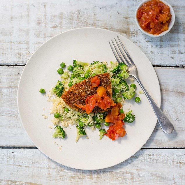 Chipotle and Lemon Herb Baked Fish with Broccoli Pea Couscous and Tomato Chutney
