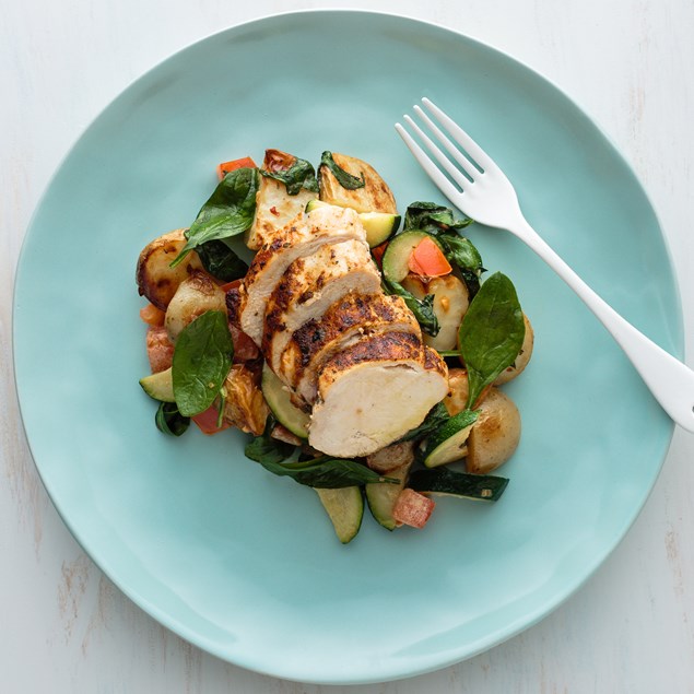 Chermoula Chicken with Roasted Potato Salad and Courgette