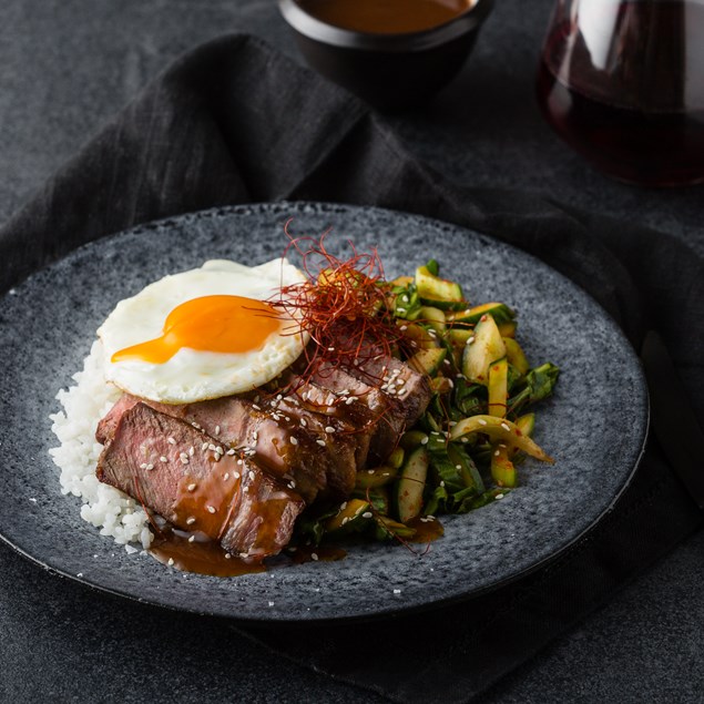 Korean Beef Scotch with Bulgogi Jus and Cucumber Kimchi