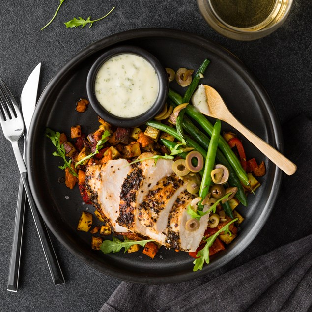 Spanish Chicken with Romesco Sweet Potato Bravas