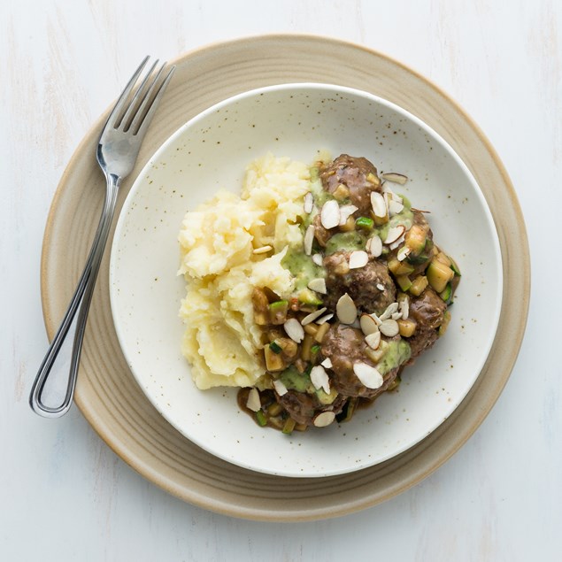 Moroccan Lamb Meatballs with Cauliflower Mash and Salsa Verte