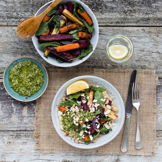 Roasted Veggies with Creamy Couscous and Coriander Pesto Dressing
