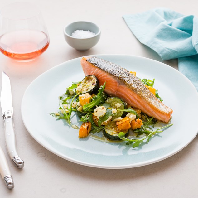 Orange-Glazed Salmon with Fennel Roasted Pumpkin and Feta