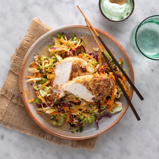 Quinoa Crumbed Chicken Katsu with japanese slaw