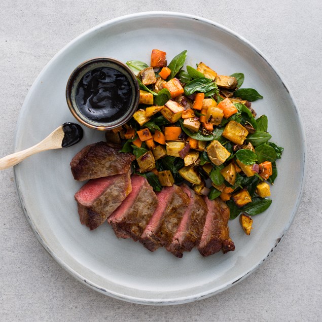 Beef Sirloin with Rosemary Roasted Veggies and Black Garlic Aioli