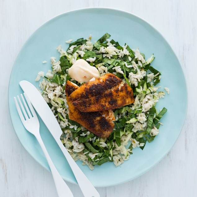Cajun-Style Blackened Fish with Green Rice and Mango Yoghurt