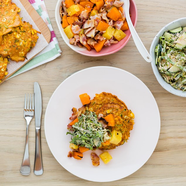 Corn and Courgette Fritters with Roast Pumpkin and Bacon