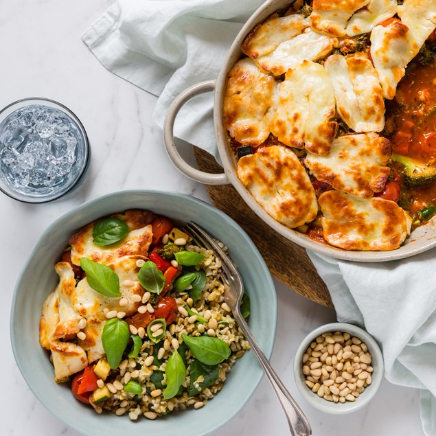 Grilled Haloumi & Ratatouille Bake with Freekeh & Basil