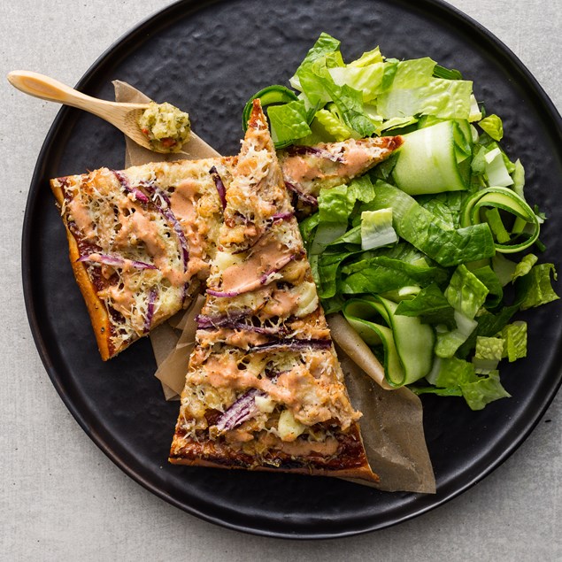 Chipotle Pulled Pork Pizza with Green Salad and Pineapple Salsa