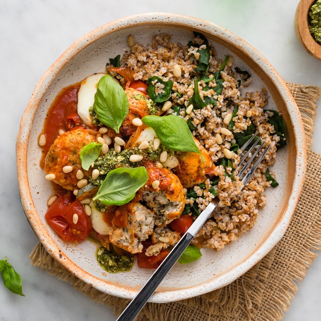 Chicken Pesto Meatballs with Tomato, Mozzarella & Pine Nuts