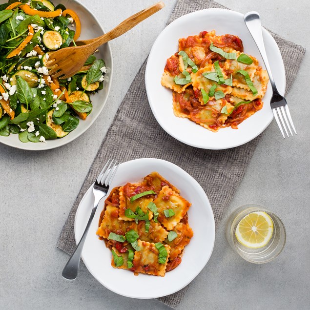 Mediterranean Spinach and Ricotta Ravioli with Grilled Courgette Salad