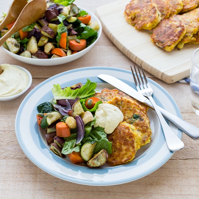 Corn Fritters with Roasties Salad and Sweet Chilli Curry Cream