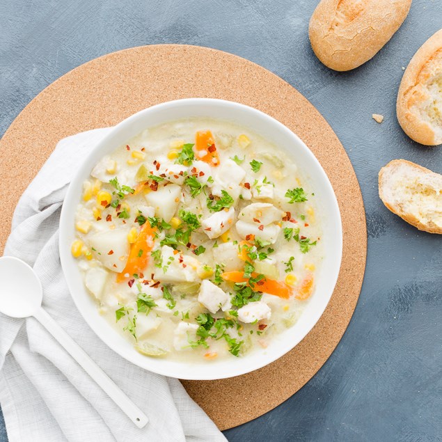 Potato, Fish and Corn Chowder with Mini Dinner Rolls
