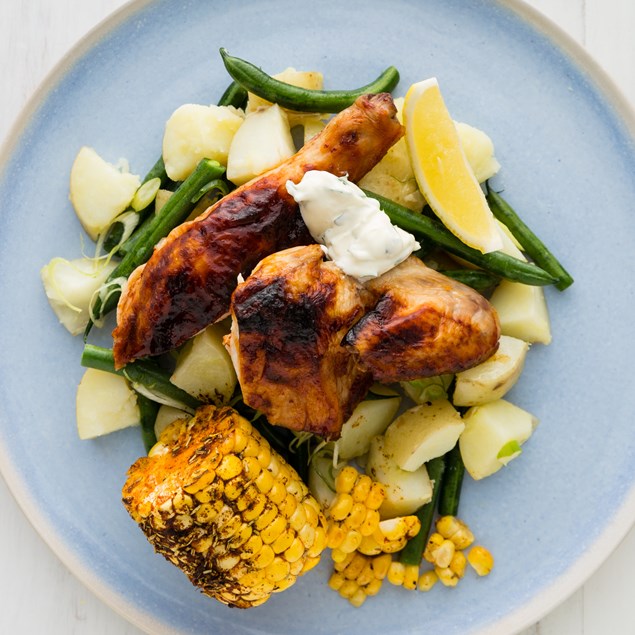 BBQ Butterflied Chicken with Blackened Corn and Potato Salad