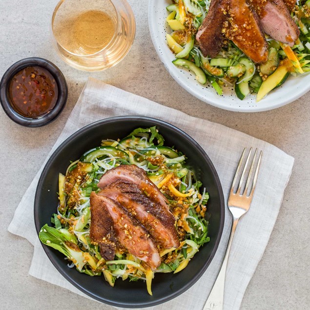 Five Spice Duck with Nectarine, Bok Choy and Cucumber Salad