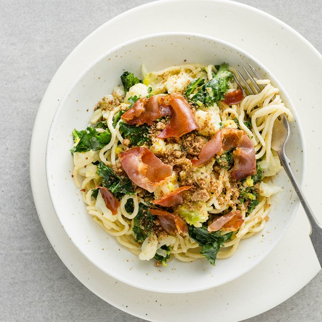 Mascarpone Spaghetti with Prosciutto Chips and Walnut Linseed Crumble