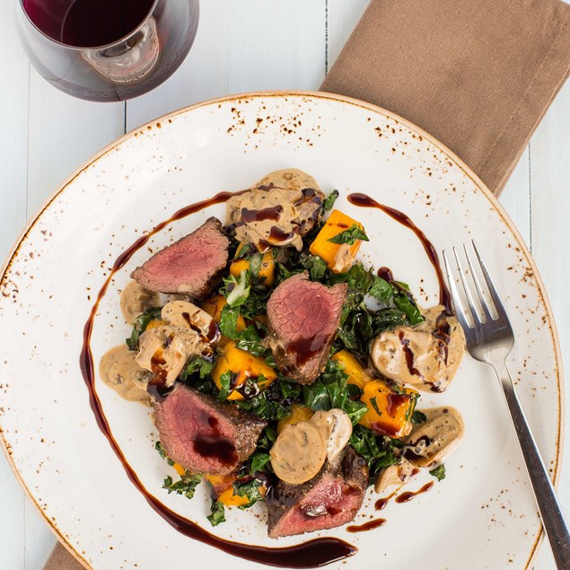 Seared Venison with Caramelised Pumpkin and Mushroom Sauce