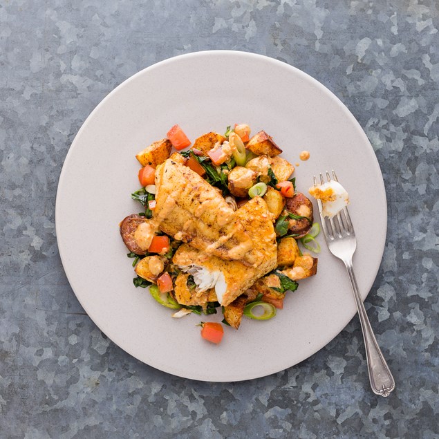 FISH WITH CHORIZO AND PATATAS BRAVAS