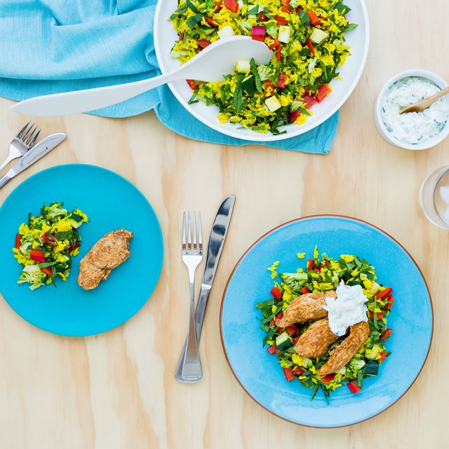 Tandoori Chicken with Turmeric Vegetable Rice and Raita