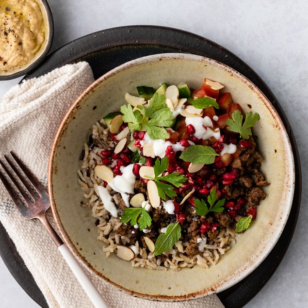 Lebanese Jewelled Beef with Hummus & Pomegranate Dressing