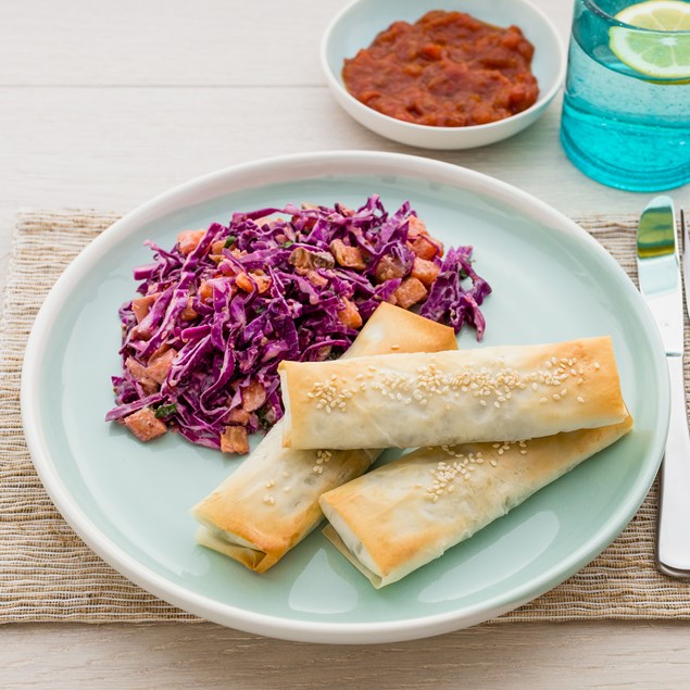 Spinach and Feta Filo Rolls with Kumara Salad