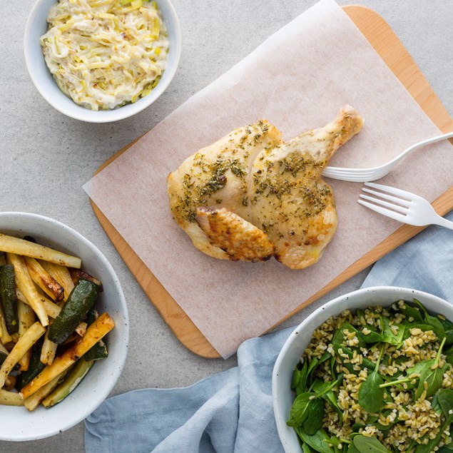 LEMON ROASTED CHICKEN WITH FREEKEH AND CREAMY LEEKS