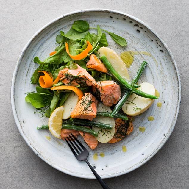 Baked Salmon with Baby Potatoes and Horseradish Cream