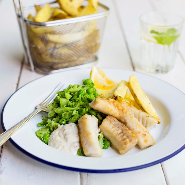 Pan-Fried Fish Bites 'N' Chips with Smashed Greens 