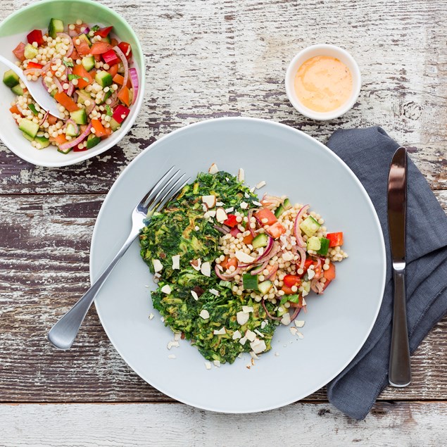 Courgette and Spinach Fritters with Pearl Couscous Salad