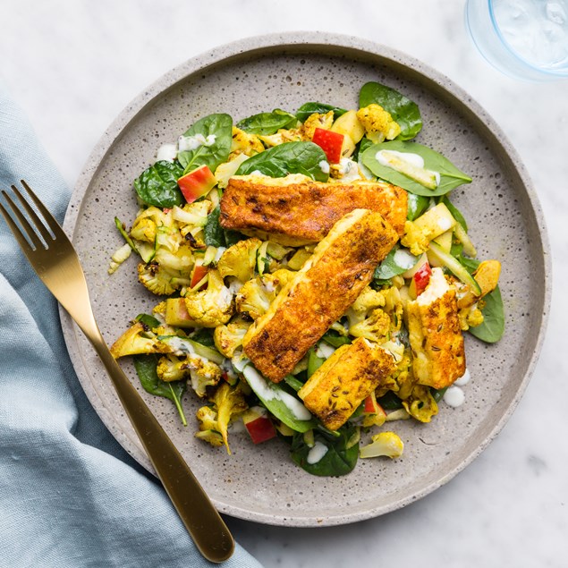 Indian Haloumi Toss with Cauliflower and Herby Yoghurt