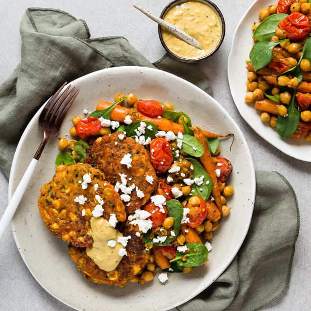 Moroccan Corn Fritters with Roasted Baby Carrot Salad & Chermoula Aioli