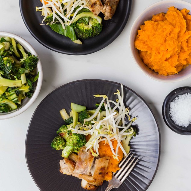 Chicken with Stir-Fry Vegetables and Miso Kumara Mash