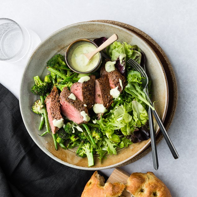 Lemon Fennel Beef Steaks with Herb Hollandaise & Salad