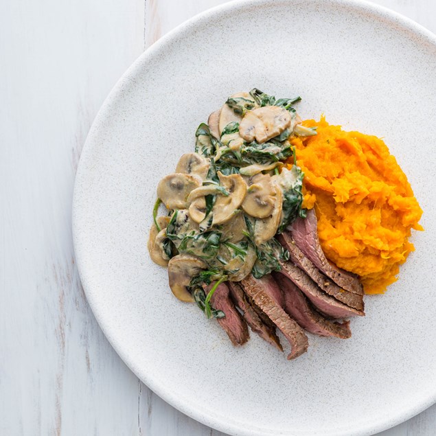 Beef Steaks with Pumpkin Mash and Creamy Mushroom Sauce