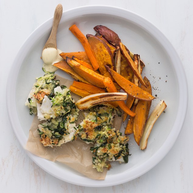 Crumbed Fish with Veggie Chips and Hollandaise