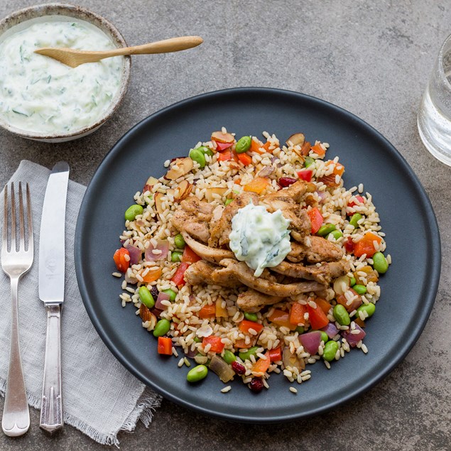 Jerk Chicken with Brown Rice Salad and Cucumber Mint Yoghurt