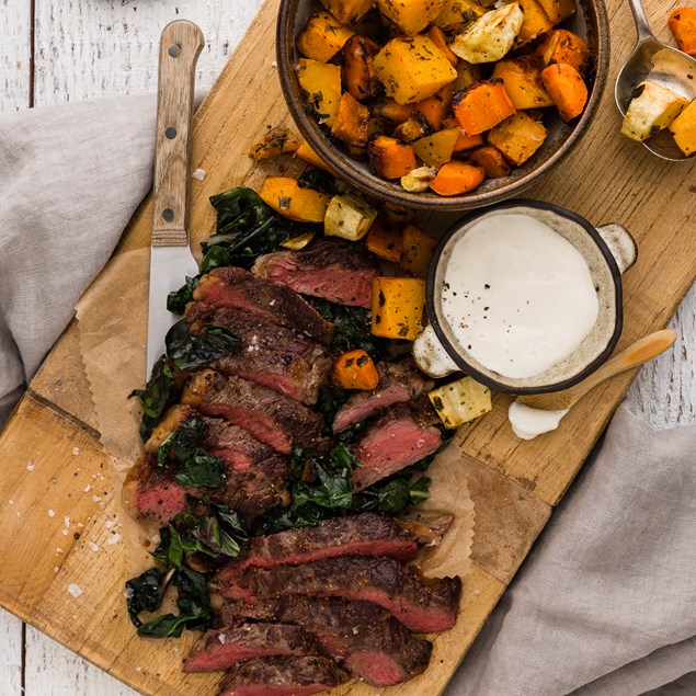 Beef Sirloin Steak with Roasted Pumpkin and Horseradish Cream