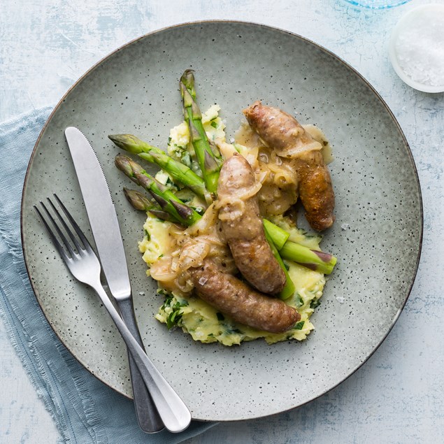 Pork Sausage with Cheesy Mash and Onion Gravy