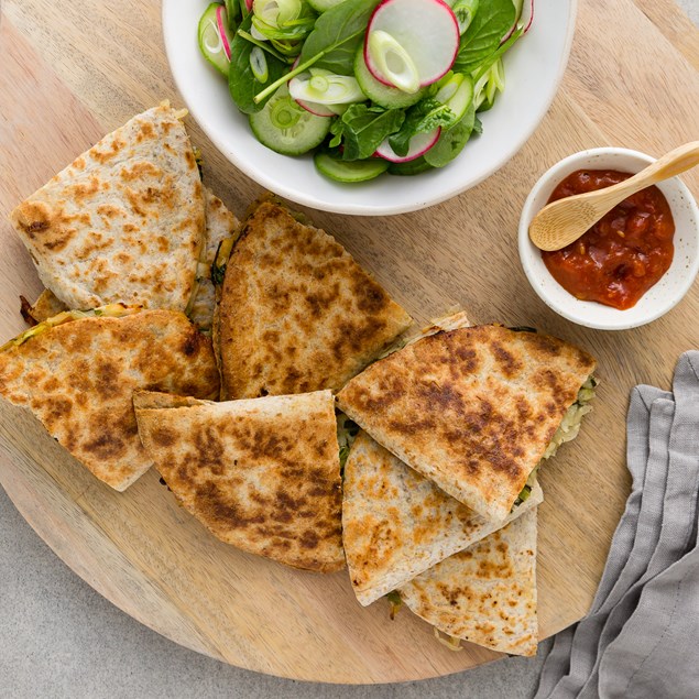 Halloumi Sauerkraut Quesadillas with Radish Salad
