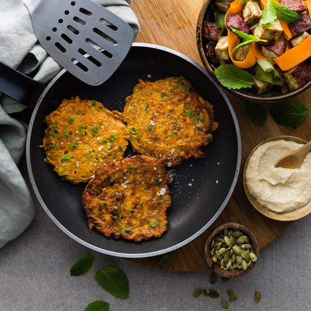 Moroccan Pea and Courgette Fritters with Kumara Salad and Hummus